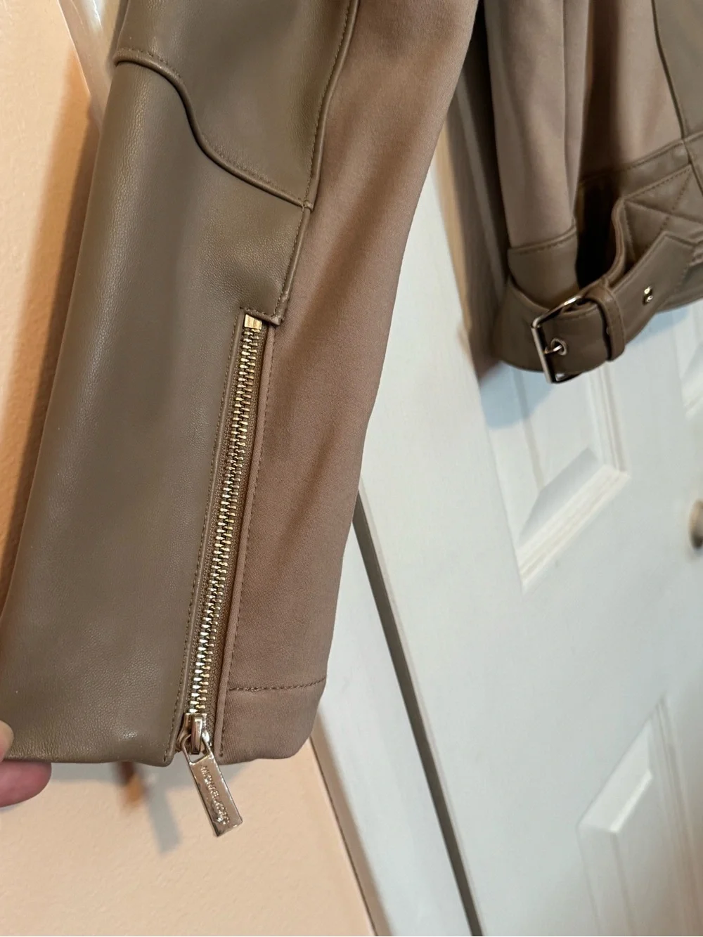 Womens Taupe Leather Moto Jacket